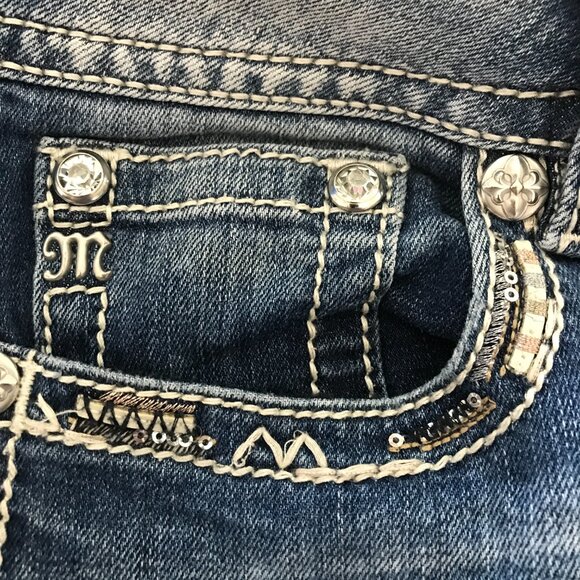 Miss Me Bootcut Jeans Women 31 Blue Mid Rise Flap Pockets Rhinestone Medium Wash - Picture 13 of 16
